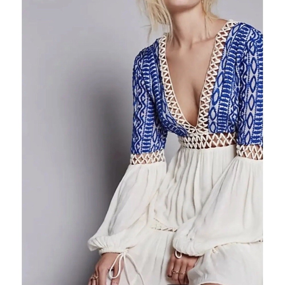 Free People Dusk Till Dawn Dress Sz 0 Blue Embroidered Bohemian Festival Tiered